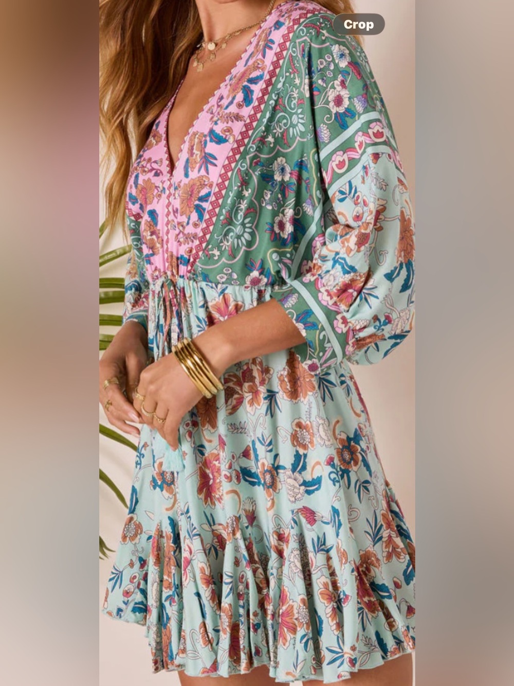 Umgee Mint and Pink Floral Boho V-Neck Mini Dress